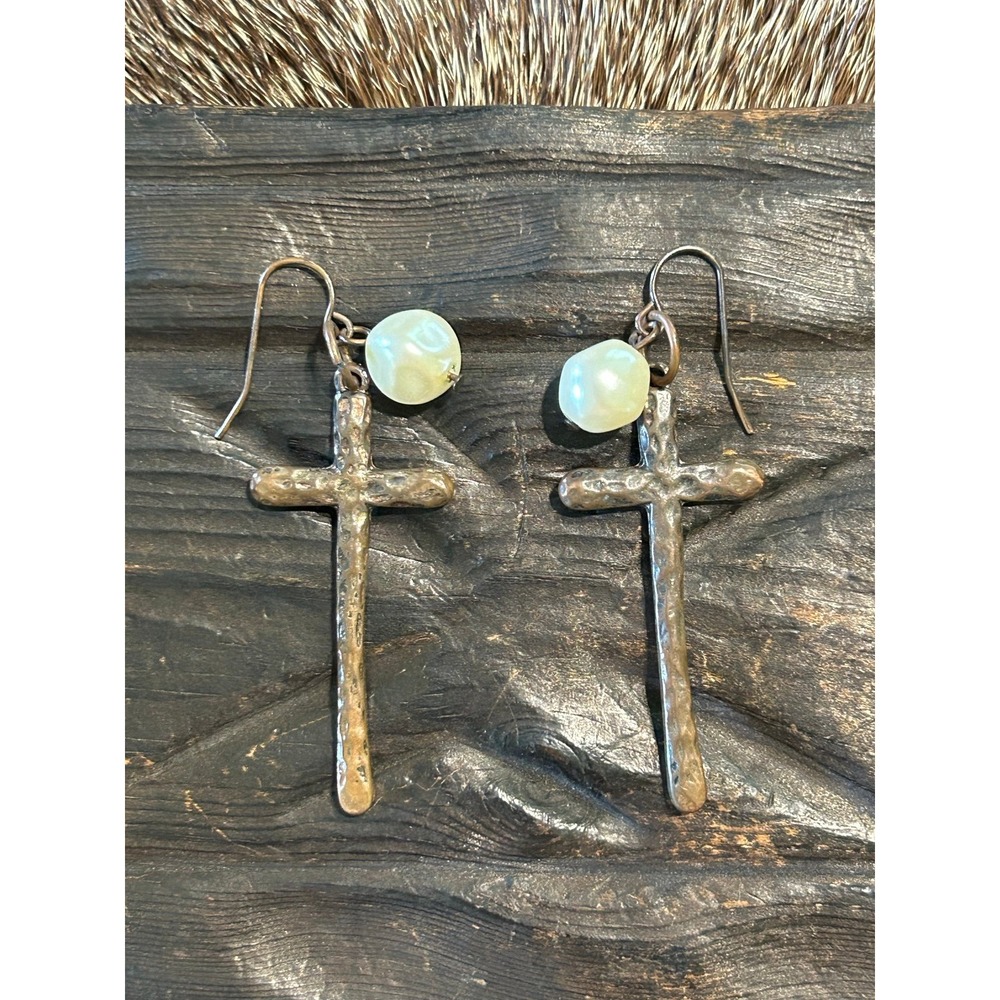 Hammered Copper Cross Pearl Earrings